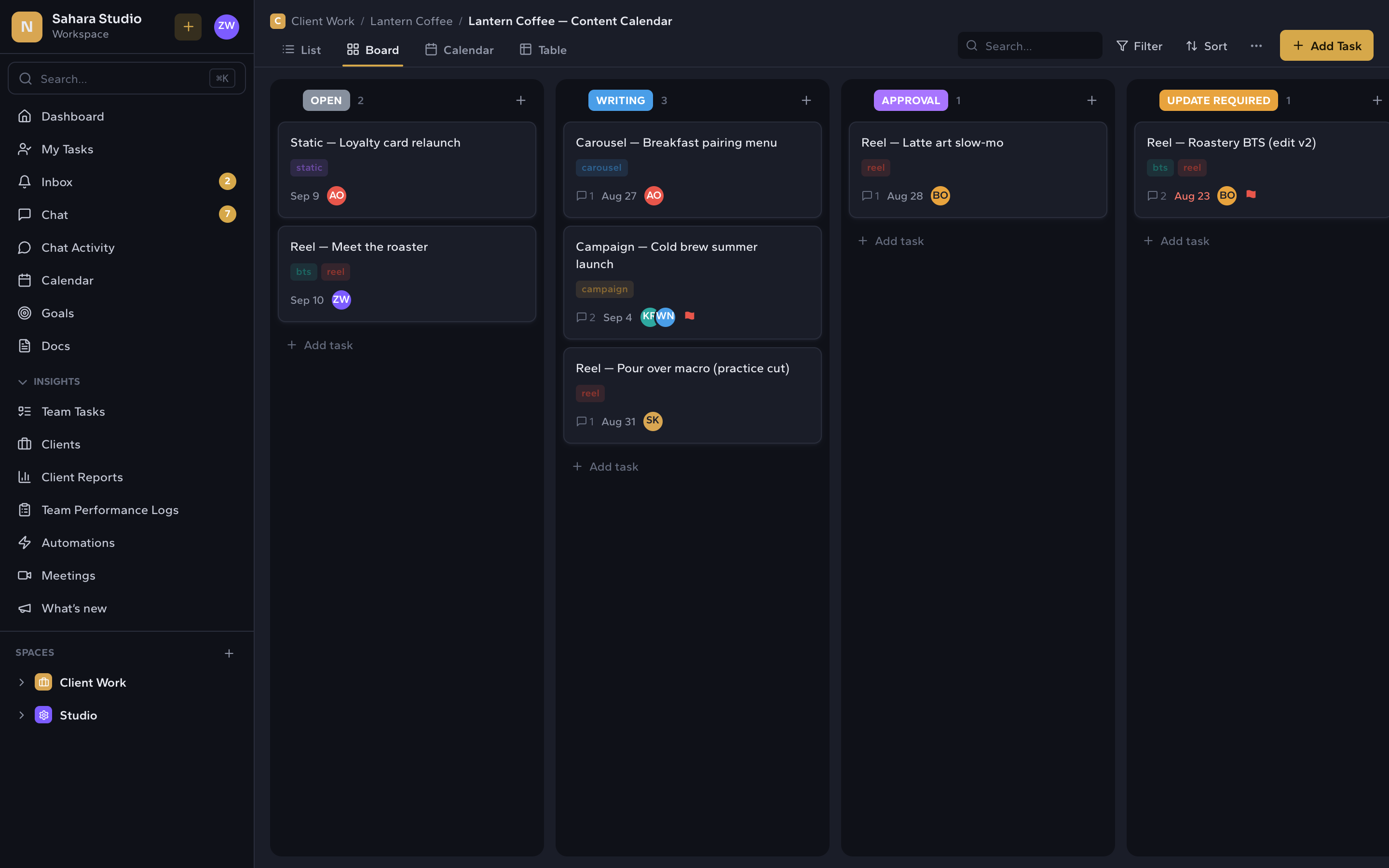 A content board with pipeline columns from Open through Published