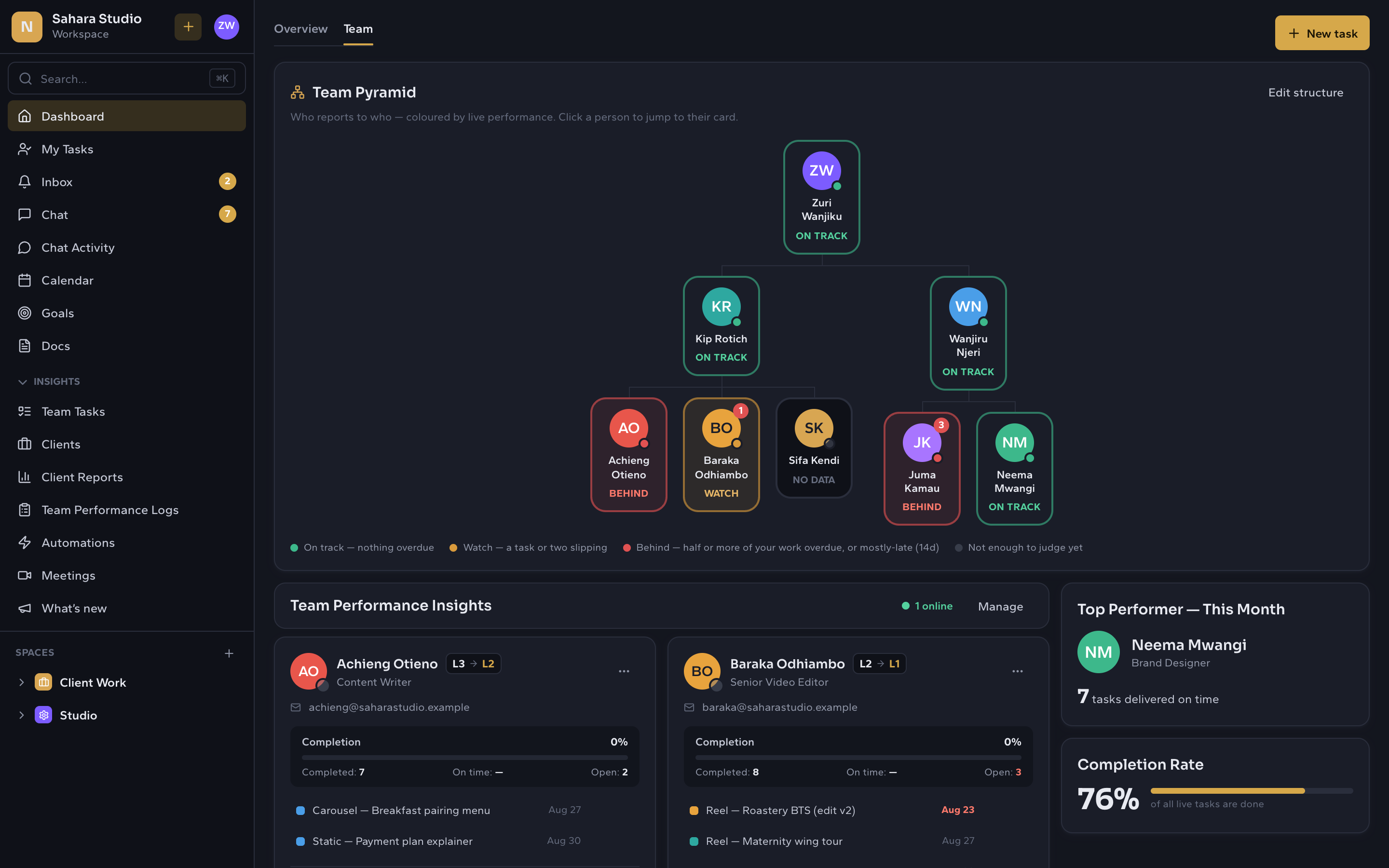 The manager dashboard team tab: the pyramid above per-person performance cards with delegation level badges and a top performer panel